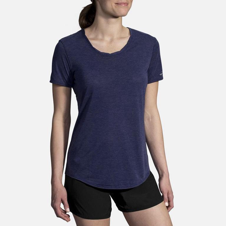 Brooks Distance Short Sleeve Running Shirt - Women's - Blue (09534-XTJQ)